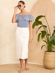Love & Roses Blue Chambray Broderie Bardot Trim Detail Top - Image 4 of 4