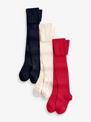 Red Navy Blue and Cream 3 Pack Cotton Rich Tights - Image 1 of 4