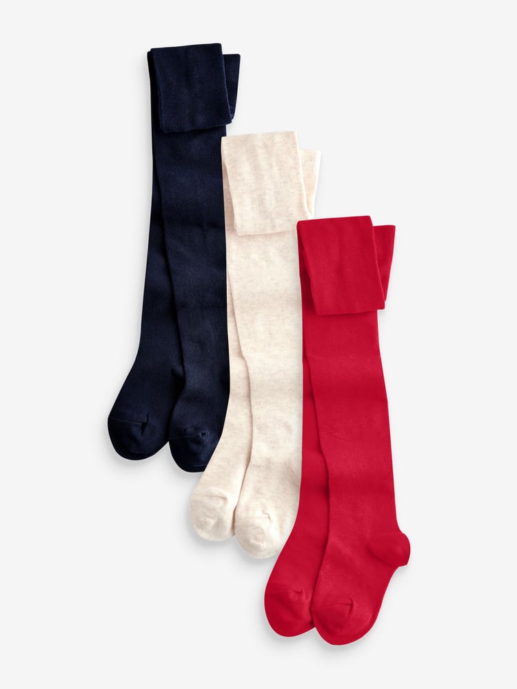 Red Navy Blue and Cream 3 Pack Cotton Rich Tights - Image 1 of 4