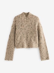 Neutral Brown High V-Neck Ribbed Jumper - Image 2 of 6