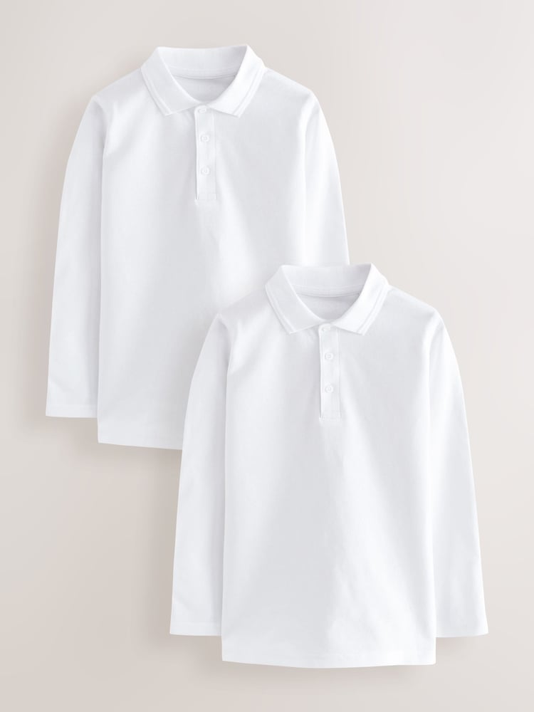 White Long Sleeve School Polo Shirts 2 Pack (3-16yrs) - Image 1 of 6