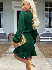 AX Paris Teal Green Green Satin Long Sleeve Pleated Shoulder Mini Dress - Image 2 of 5