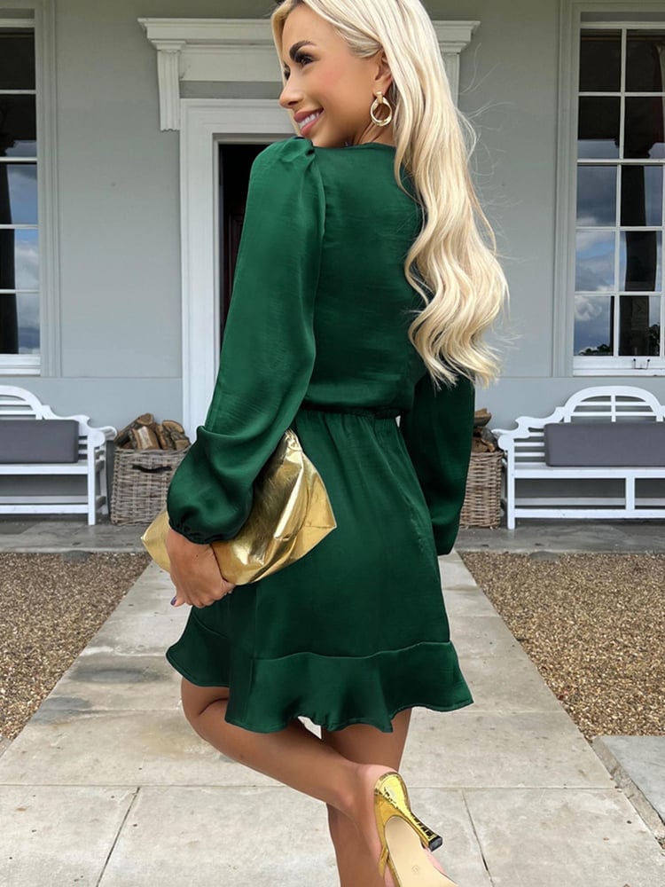 AX Paris Teal Green Green Satin Long Sleeve Pleated Shoulder Mini Dress - Image 2 of 5