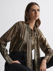 Reiss Gold Kendall Metallic Animal Print Tie Neck Blouse - Image 1 of 4