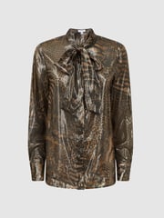 Reiss Gold Kendall Metallic Animal Print Tie Neck Blouse - Image 2 of 4