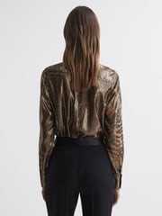 Reiss Gold Kendall Metallic Animal Print Tie Neck Blouse - Image 4 of 4