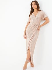 Quiz Black Sequin Midaxi Dress With Wrap Detail And Angel Sleeve - Image 1 of 3