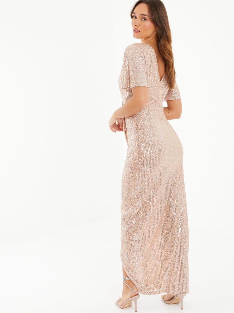 Quiz Black Sequin Midaxi Dress With Wrap Detail And Angel Sleeve - Image 2 of 3