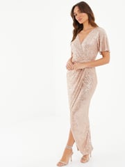 Quiz Black Sequin Midaxi Dress With Wrap Detail And Angel Sleeve - Image 3 of 3
