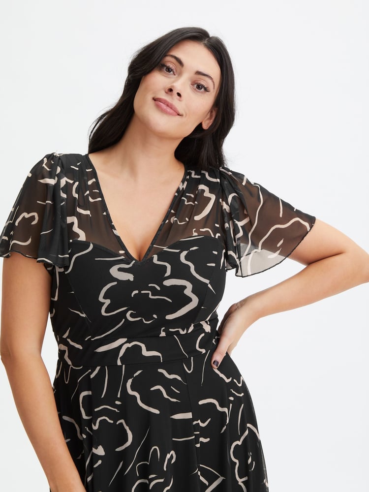 Scarlett & Jo Black Tilly Print Angel Sleeve Sweetheart Dress - Image 4 of 4