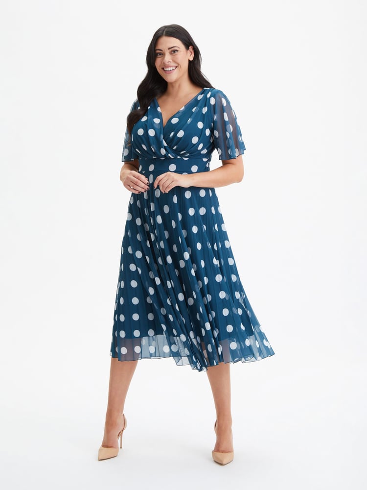 Scarlett & Jo Blue/White Carole Wrap Bodice Sunray Pleated Midi Dress - Image 1 of 4