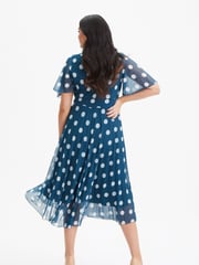 Scarlett & Jo Blue/White Carole Wrap Bodice Sunray Pleated Midi Dress - Image 2 of 4