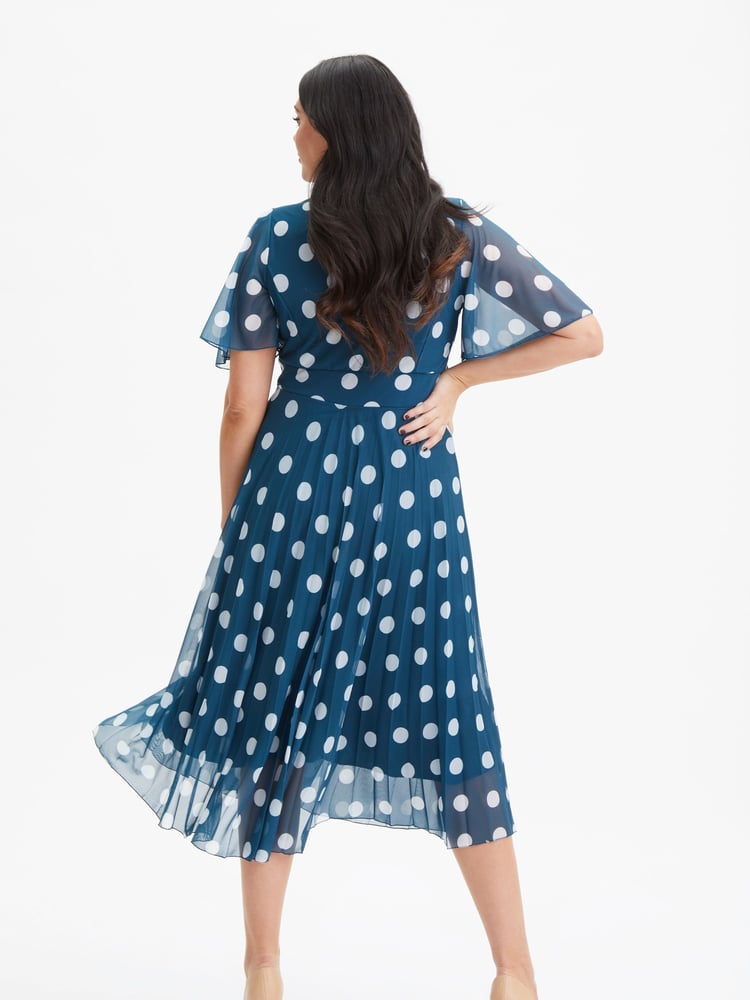 Scarlett & Jo Blue/White Carole Wrap Bodice Sunray Pleated Midi Dress - Image 2 of 4