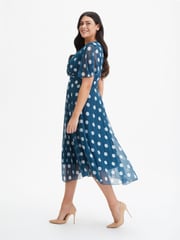 Scarlett & Jo Blue/White Carole Wrap Bodice Sunray Pleated Midi Dress - Image 3 of 4