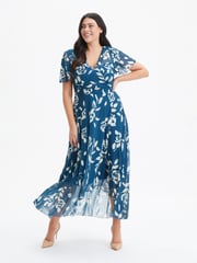 Scarlett & Jo Blue Tilly Print Angel Sleeve Sweetheart Dress - Image 1 of 4