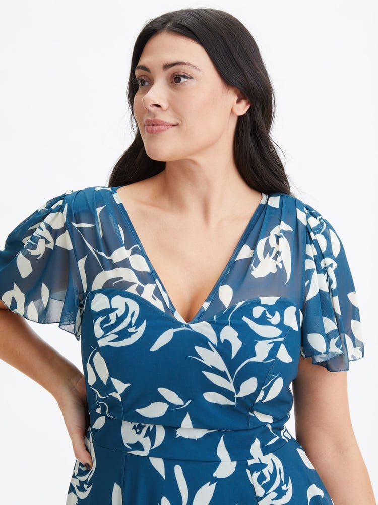 Scarlett & Jo Blue Tilly Print Angel Sleeve Sweetheart Dress - Image 4 of 4