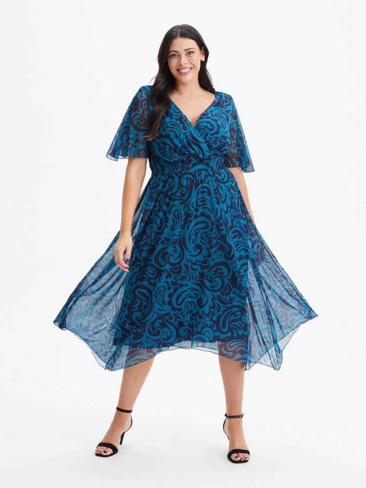 Scarlett & Jo Teal Blue Julie Wine Cream Hanky Hem Dress - Image 1 of 4