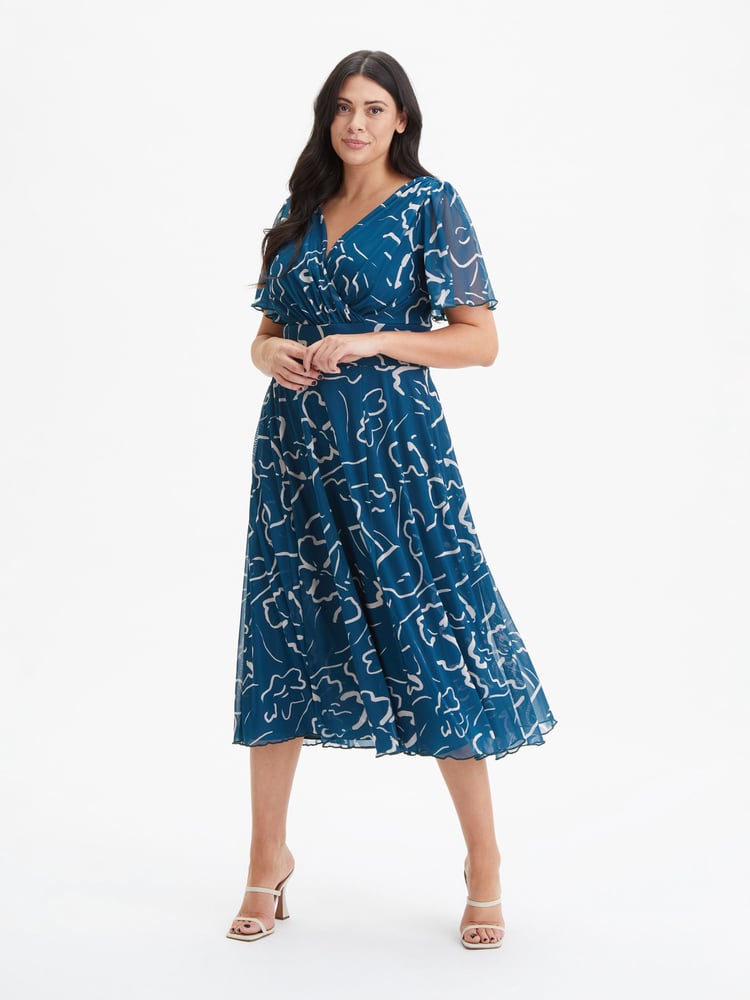Scarlett & Jo Teal Blue Victoria Angel Sleeve Mesh Midi Dress - Image 1 of 4