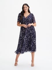 Scarlett & Jo Navy Blue Victoria Angel Sleeve Mesh Midi Dress - Image 1 of 4