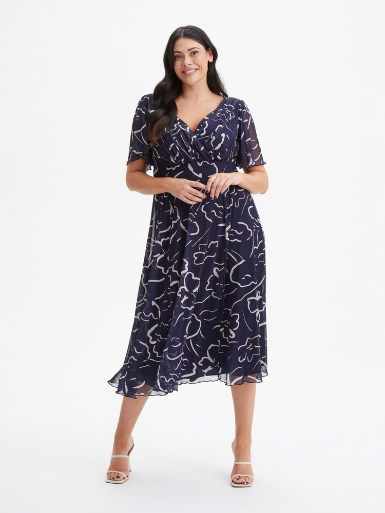 Scarlett & Jo Navy Blue Victoria Angel Sleeve Mesh Midi Dress - Image 1 of 4