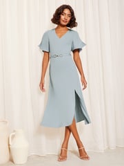 Friends Like These Navy Blue Short Tulip Sleeve Ruched Body Midi Dress - Image 1 of 4