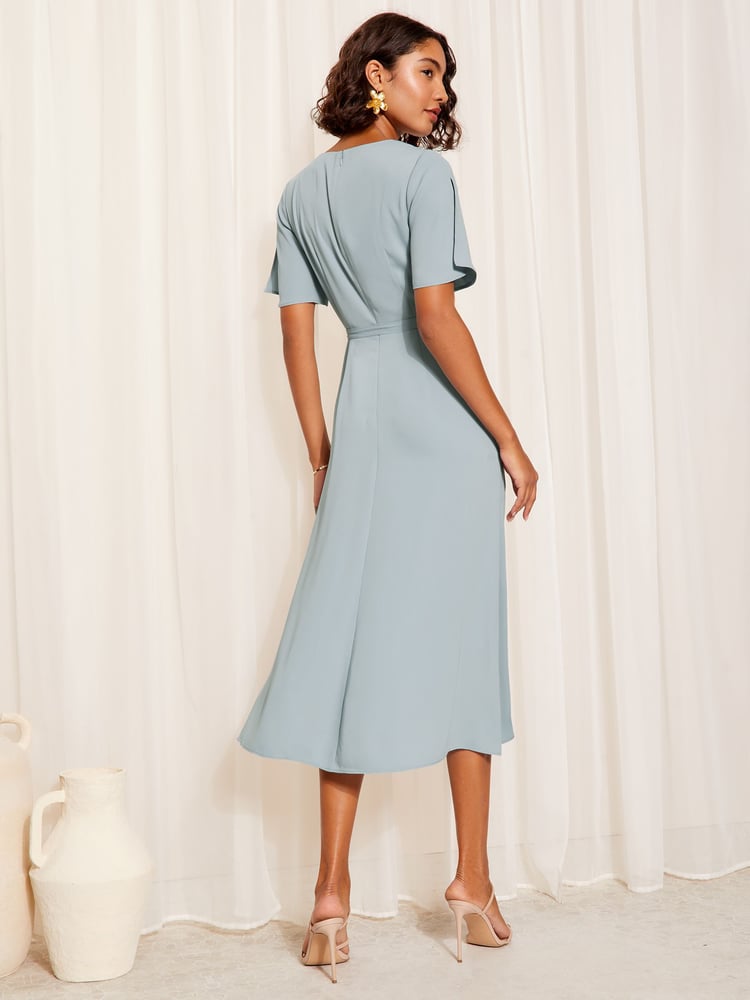 Friends Like These Navy Blue Short Tulip Sleeve Ruched Body Midi Dress - Image 4 of 4