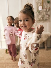 Pink/Cream Christmas 100% Cotton Joggers Pyjamas 3 Pack (9mths-12yrs) - Image 6 of 7