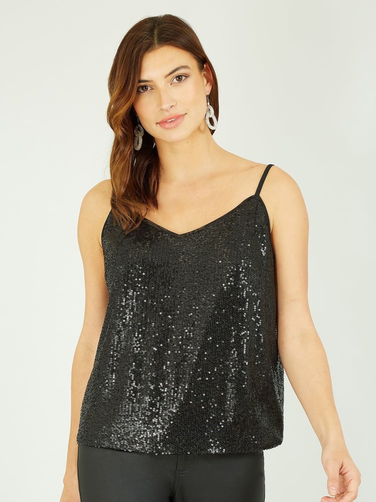 Yumi Black Sequin Vest Top - Image 1 of 4