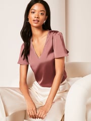 Lipsy Pink V Neck Diamante Trim Flutter Sleeve Blouse - Image 1 of 4