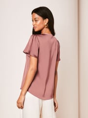 Lipsy Pink V Neck Diamante Trim Flutter Sleeve Blouse - Image 2 of 4