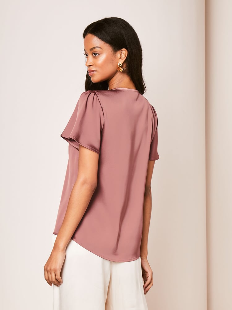 Lipsy Pink V Neck Diamante Trim Flutter Sleeve Blouse - Image 2 of 4 Lipsy Pink V Neck Diamante Trim Flutter Sleeve Blouse - Image 2 of 4