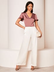 Lipsy Pink V Neck Diamante Trim Flutter Sleeve Blouse - Image 3 of 4