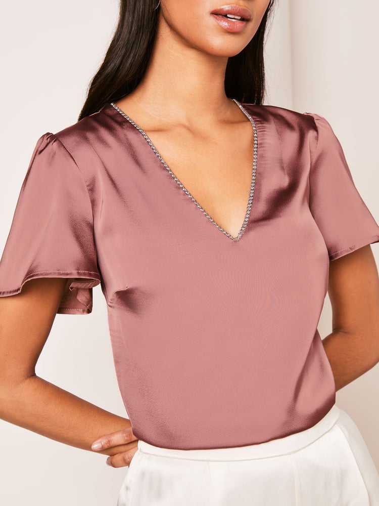 Lipsy Pink V Neck Diamante Trim Flutter Sleeve Blouse - Image 4 of 4 Lipsy Pink V Neck Diamante Trim Flutter Sleeve Blouse - Image 4 of 4