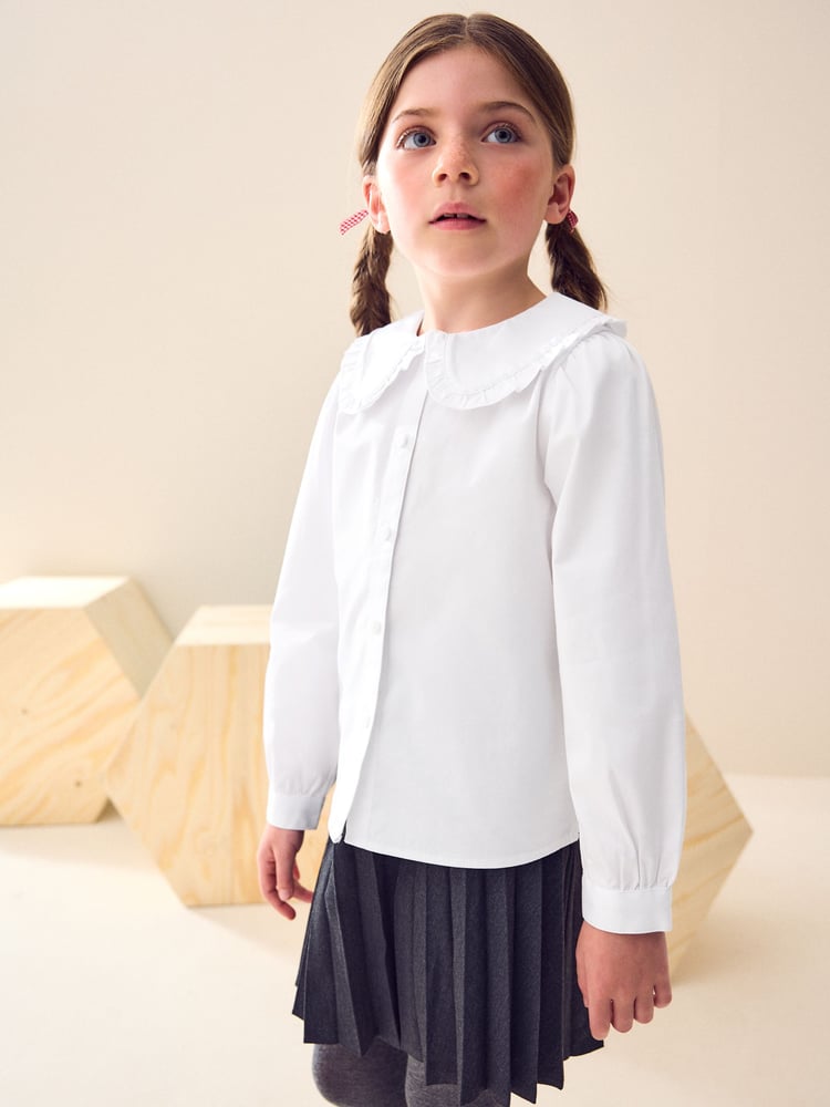 White Long Sleeve Lace Trim School Blouse (3-14yrs) - Image 1 of 9