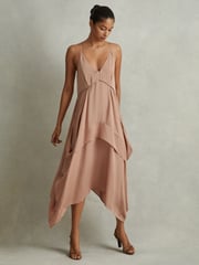 Reiss Nude Demi Viscose Side Pleat Asymmetric Midi Dress - Image 1 of 5