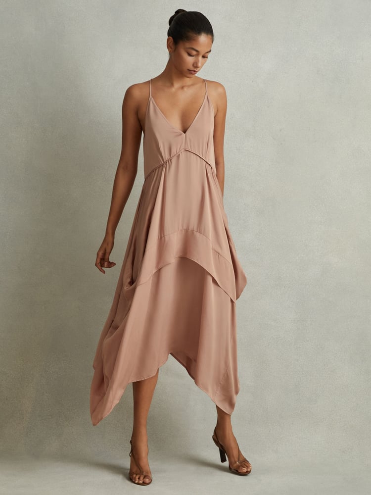 Reiss Nude Demi Viscose Side Pleat Asymmetric Midi Dress - Image 1 of 5