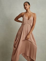 Reiss Nude Demi Viscose Side Pleat Asymmetric Midi Dress - Image 3 of 5
