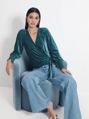 Teal Blue Velvet Long Sleeve Wrap Top - Image 1 of 6