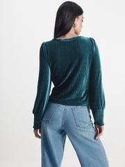 Teal Blue Velvet Long Sleeve Wrap Top - Image 2 of 6