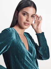 Teal Blue Velvet Long Sleeve Wrap Top - Image 3 of 6