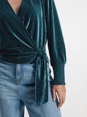 Teal Blue Velvet Long Sleeve Wrap Top - Image 4 of 6
