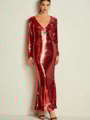 Red Long Sleeve Plunge Neck Sequin Maxi Dress - Image 1 of 4