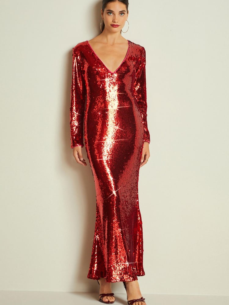 Red Long Sleeve Plunge Neck Sequin Maxi Dress - Image 1 of 4