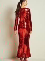 Red Long Sleeve Plunge Neck Sequin Maxi Dress - Image 3 of 4