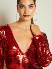 Red Long Sleeve Plunge Neck Sequin Maxi Dress - Image 4 of 4