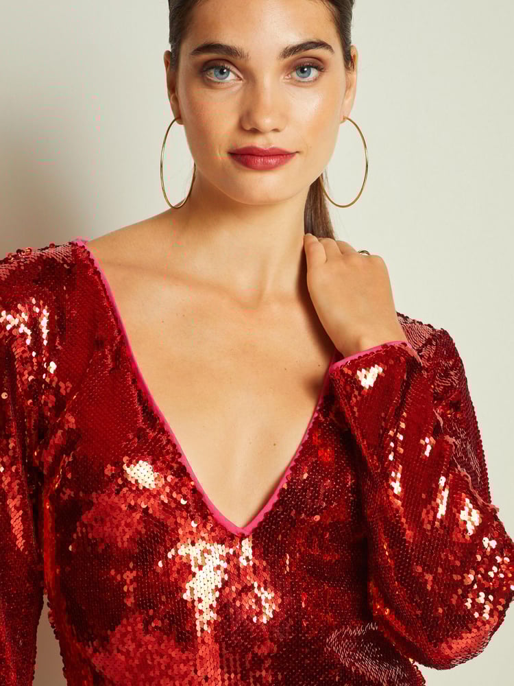 Red Long Sleeve Plunge Neck Sequin Maxi Dress - Image 4 of 4