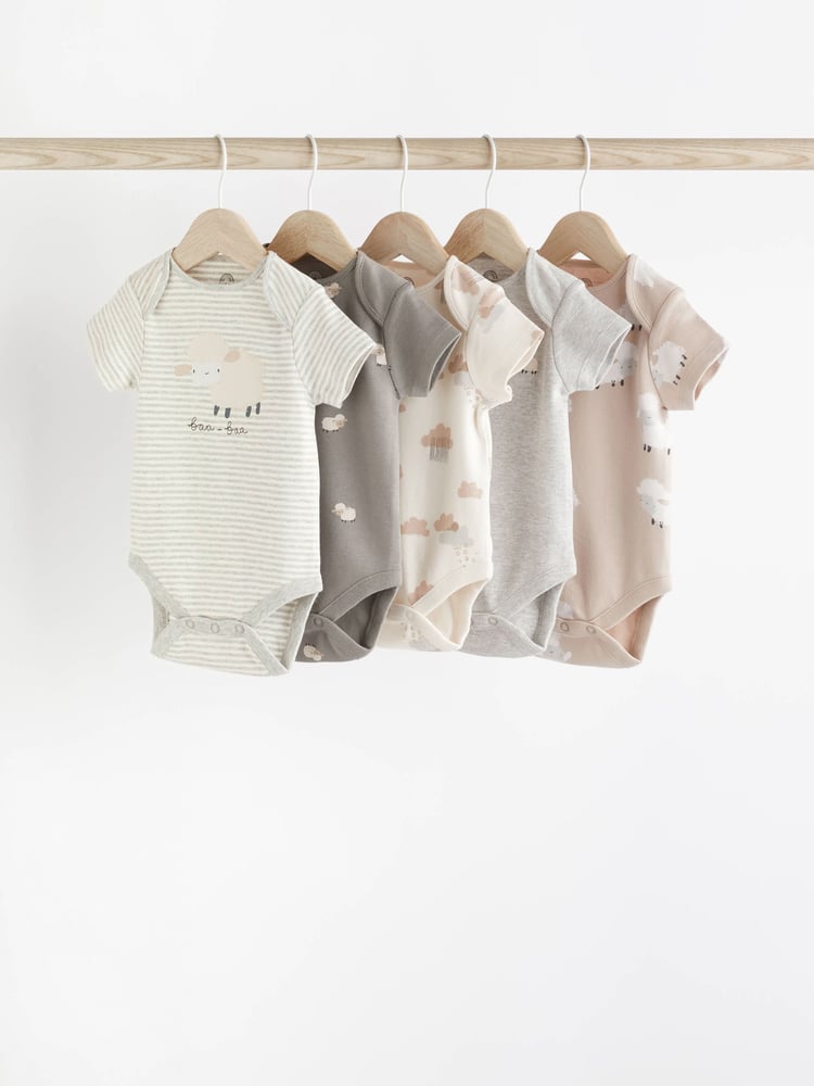 Grey Sheep Short Sleeve 100% Cotton Baby Bodysuits 5 Pack - Image 1 of 6