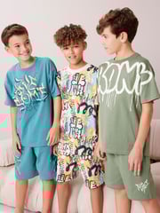 Blue/Green Graffiti Short Pyjamas 3 Pack (3-16yrs) - Image 1 of 10