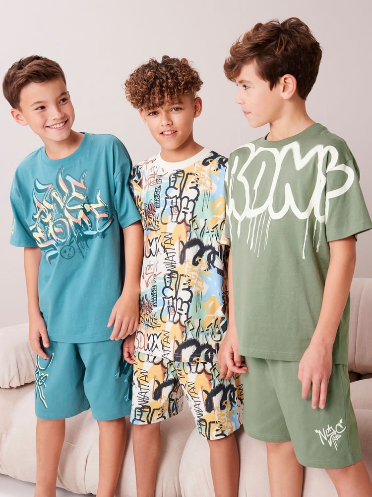 Blue/Green Graffiti Short Pyjamas 3 Pack (3-16yrs) - Image 1 of 10