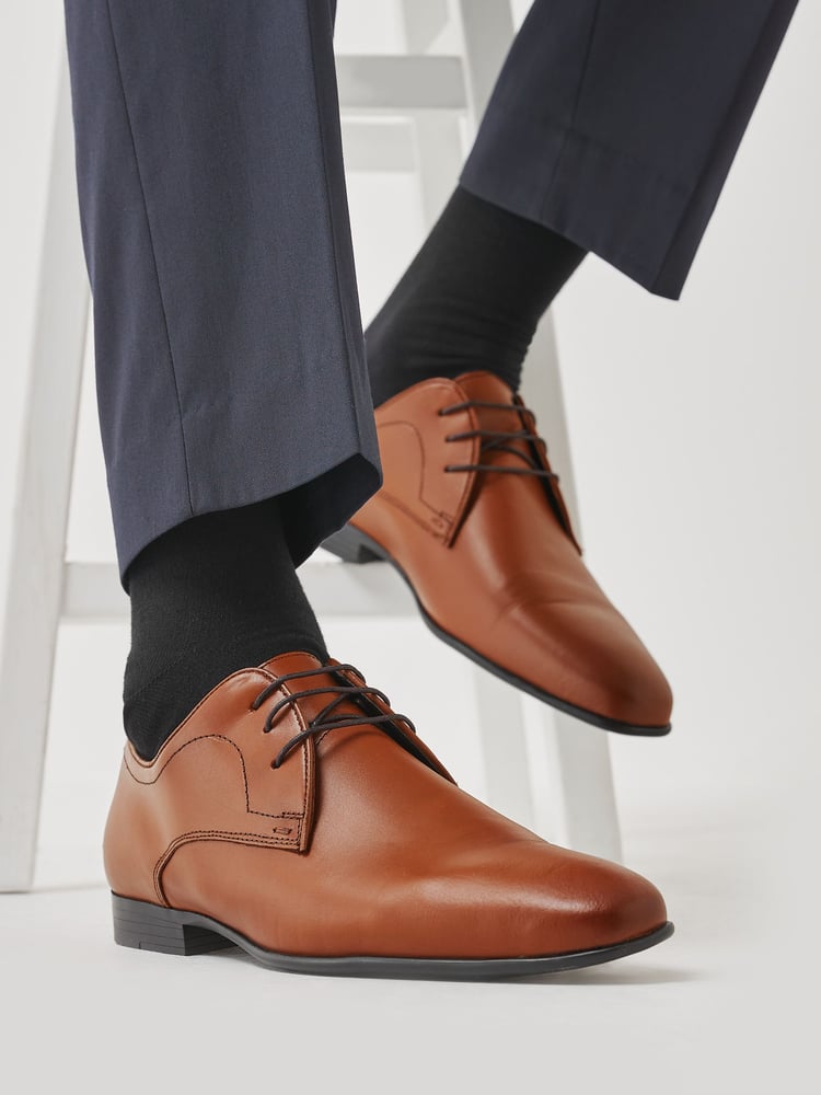 Tan Brown Wide Fit Leather Plain Derby Shoes - Image 5 of 5